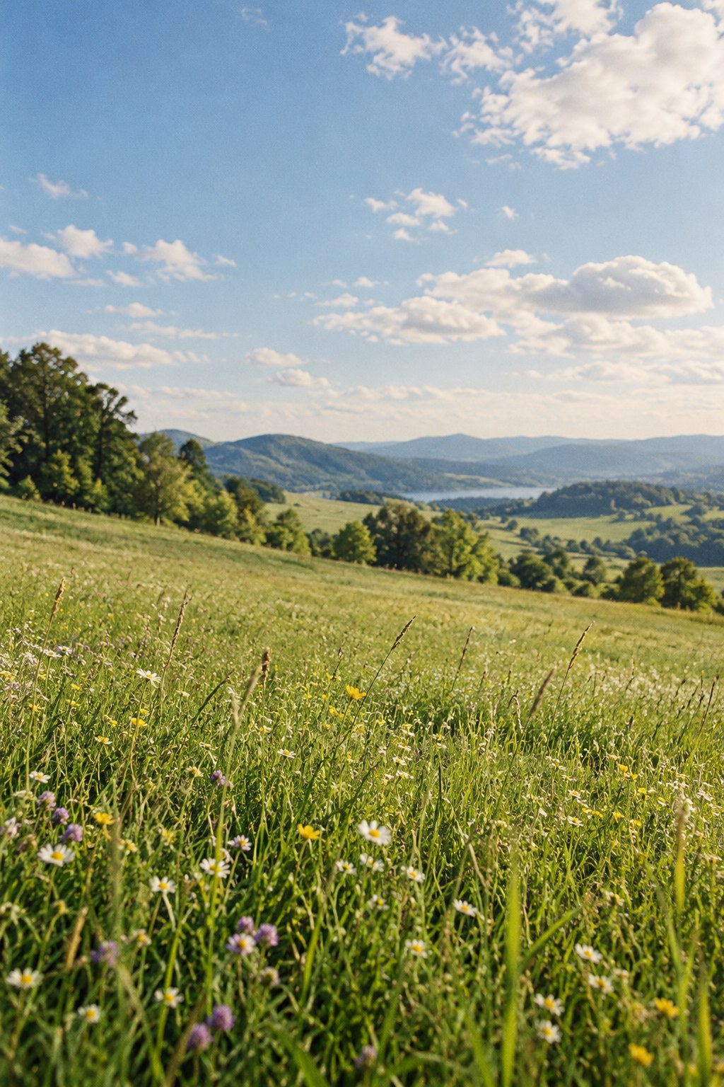 A quiet meadow beneath a mountain landscape